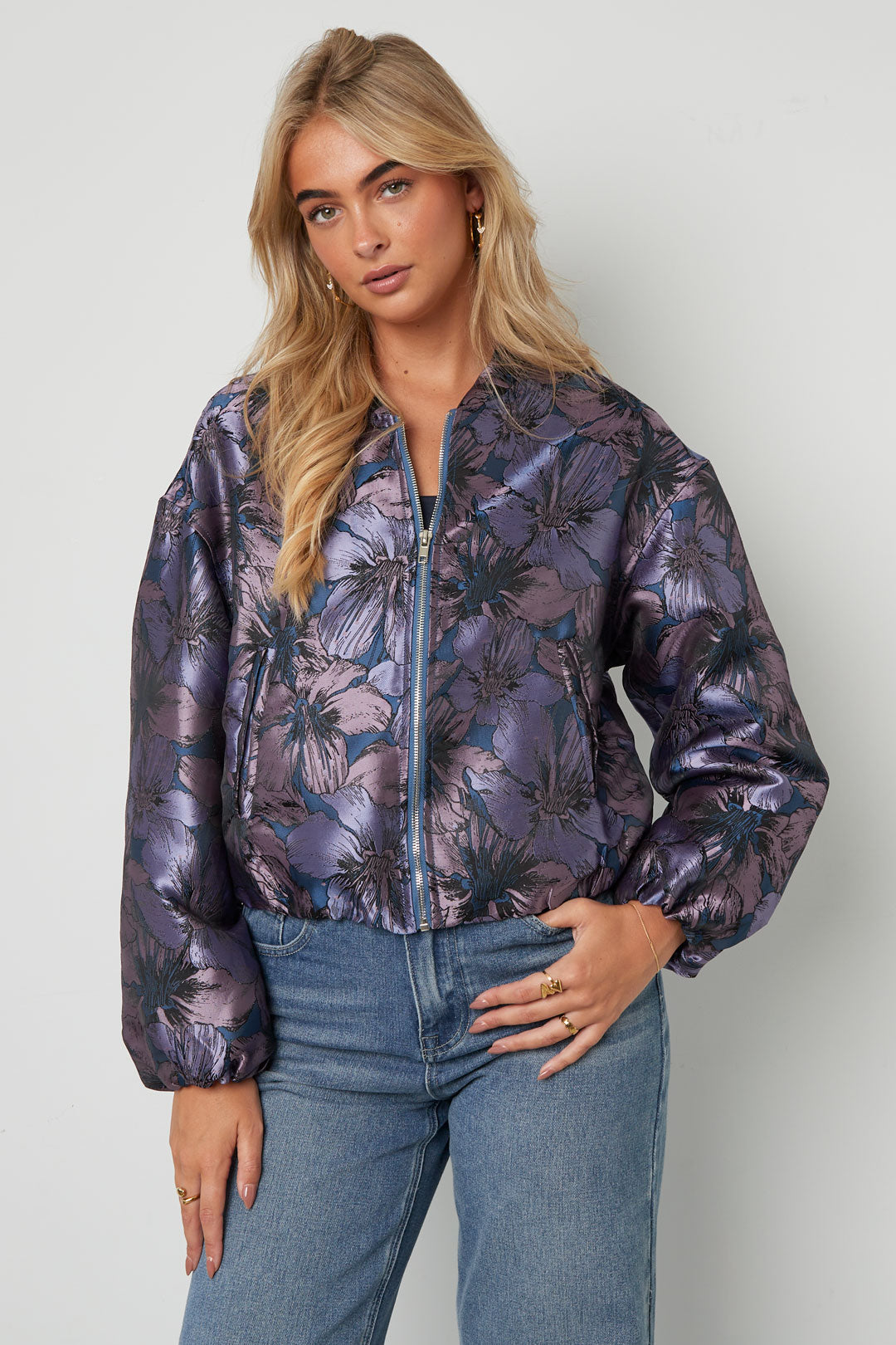Woven Polyester Fiber Women's Bomber Jacket Casual Floral Print