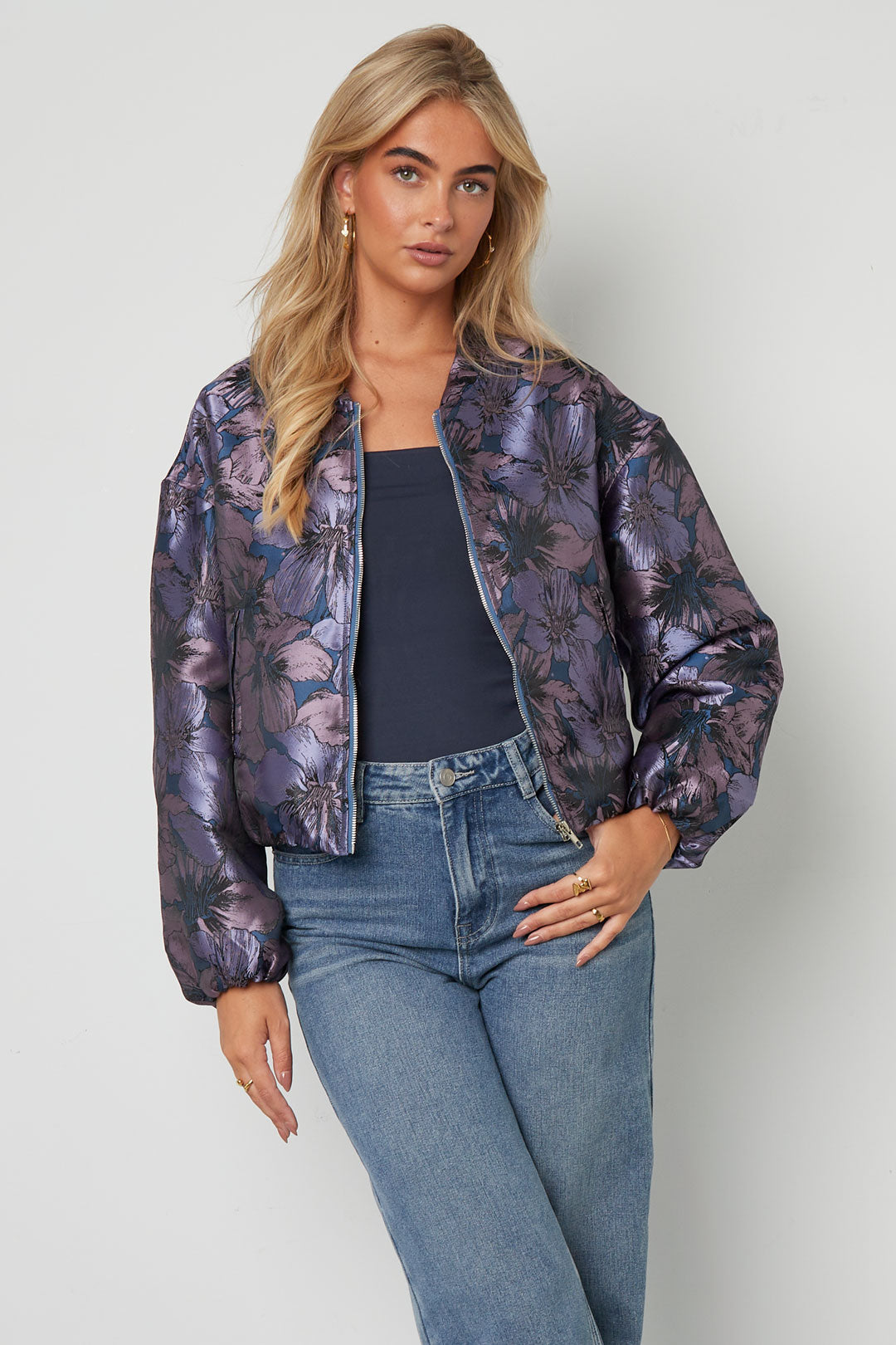Woven Polyester Fiber Women's Bomber Jacket Casual Floral Print