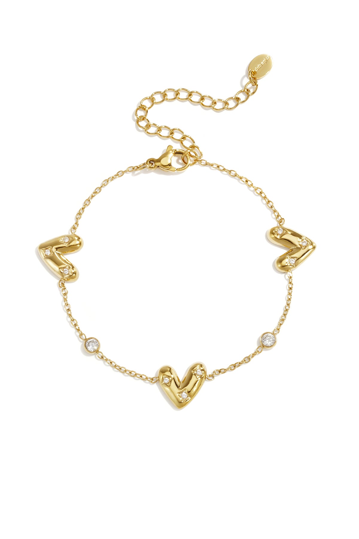 Bracelet with three set hearts and round cubic zirconia stones