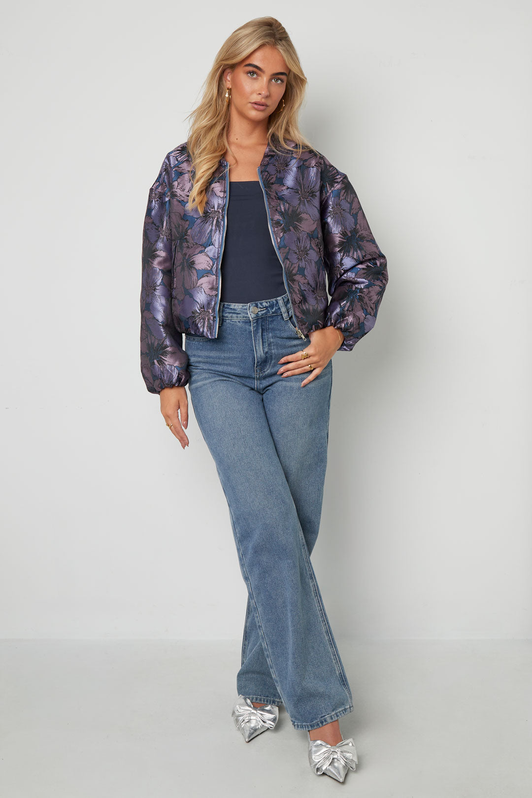 Woven Polyester Fiber Women's Bomber Jacket Casual Floral Print